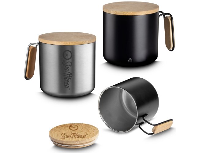 Caneca Trmica Personalizada De Ao Inox Com Parede Dupla E Tampa De Bambu 330ml