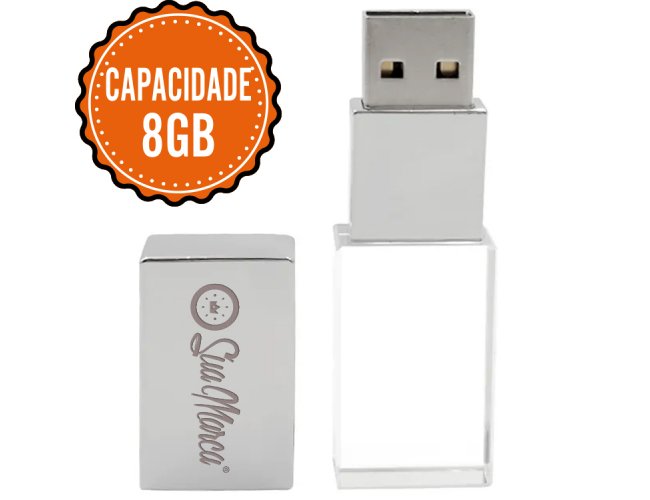 Pen Drive Personalizado Cristal De Vidro Com Tampa Prata De Metal E Capacidade De 8GB