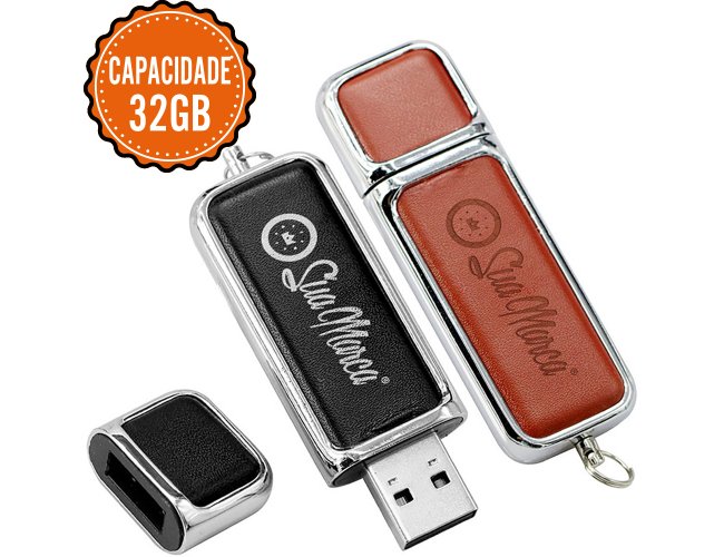 Pen Drive Personalizado De Couro Sinttico E Metal Com Tampa Protetora E Capacidade De 32GB