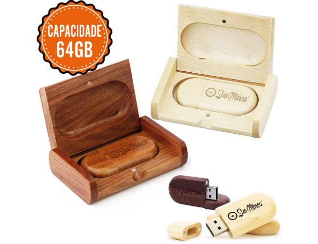 Kit Pen Drive Personalizado Oval Com Estojo De Bambu E Capacidade De 64GB