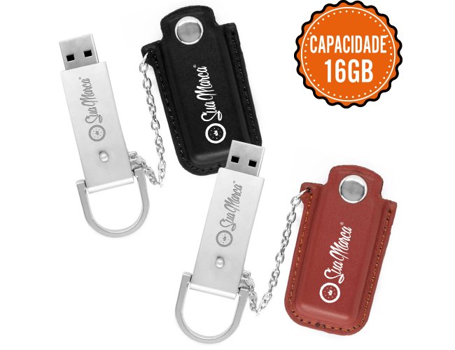 Pen Drives Personalizado De Metal Com Capinha Protetora De Couro Sinttico, Correntinha E Capacidade De 16GB