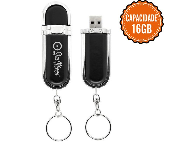 Pen Drive Personalizado De Couro Sinttico E Metal Com Tampa Protetora, Argola De Chaveiro E Capacidade De 16GB