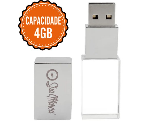 Pen Drive Personalizado Cristal De Vidro Com Tampa Prata De Metal E Capacidade De 4GB