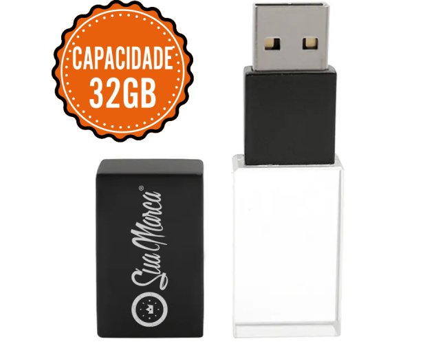 Pen Drive Personalizado Cristal De Vidro Com Tampa Preta De Metal E Capacidade De 32GB