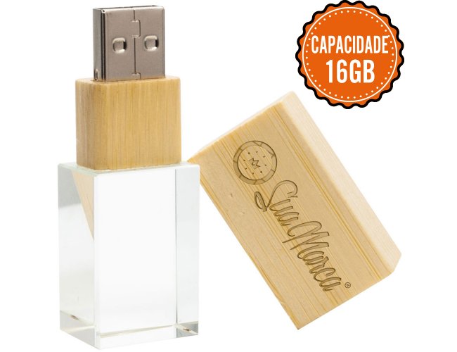 Pen Drive Ecolgico Personalizado Cristal Com Tampa De Bambu E Capacidade De 16GB