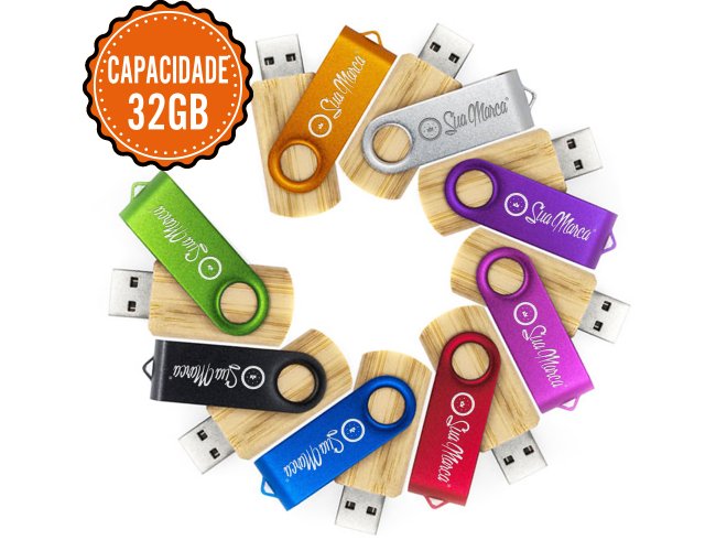 Pen Drive Giratrio Ecolgico Personalizado De Bambu E Metal COLORIDO Com Capacidade De 32GB