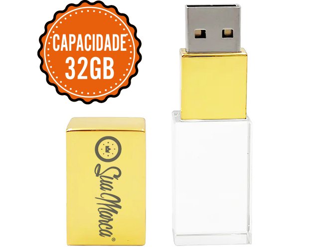 Pen Drive Personalizado Cristal De Vidro Com Tampa Dourada De Metal E Capacidade De 32GB